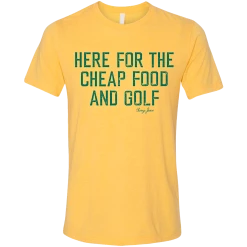 SwingJuice Short Sleeve Unisex T-Shirt Golf Here For The Cheap Food And Golf -Pro Golf Store swingjuice golf here for the cheap food and golf unisex short sleeve tee yellow
