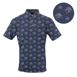 SwingJuice Short Sleeve Men's Performance Polo Golf & Tacos -Pro Golf Store swingjuice golf tacos performance polo navy close up